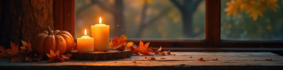 Cozy autumn evening scene featuring flickering candlelight casting a warm glow on a rustic wooden table, creating a sense of tranquility and comfort , texture, old