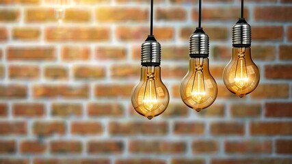 Three vintage light bulbs illuminate a space, creating a warm and inviting atmosphere against a rustic brick wall