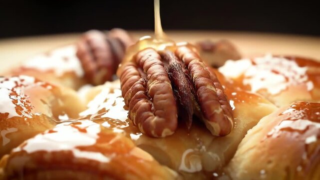 Close-up of golden honey or syrup pouring over a warm, traditional baklava pastry topped with a whole pecan