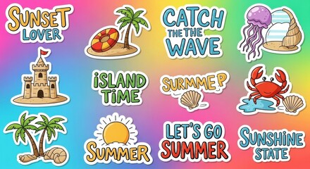 Fototapeta premium Vibrant sticker collection evoking feelings of summer vacation and beach relaxation, designed with