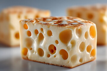 Sliced cheese highlighting texture and holes on a clean surface in natural light