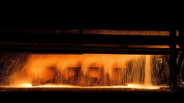 Industrial manufacturing line with glowing molten steel, bright orange light, shimmering filaments, - Powered by Adobe