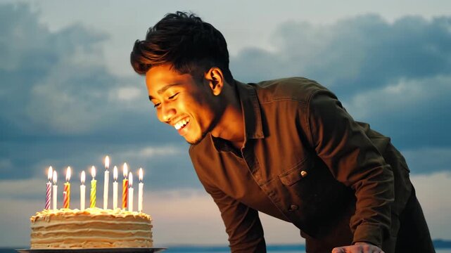 AI Generative Young man blowing out candles on cake, happy birthday celebration
