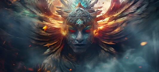 a light garuda warrior , coming out of the smoke fire,ai generative art