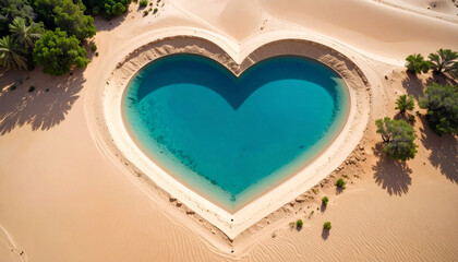 Beautiful heart shaped lake in the middle of a clear blue ocean with exotic vibes surrounded by forest and sand