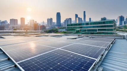 A rooftop solar panel installation in an urban setting,