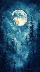 Fototapeta premium Full Moon Shining Over Forest Trees at Night