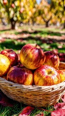 A basket full of apples, surrounded by autumn leaves and falling reds and yellows