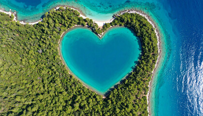 Beautiful heart shaped lake in the middle of a clear blue ocean with exotic vibes surrounded by forest and sand
