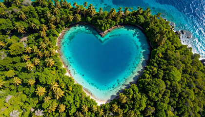 Beautiful heart shaped lake in the middle of a clear blue ocean with exotic vibes surrounded by forest and sand