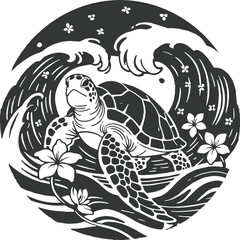 Sea Turtle and Waves Circle Art