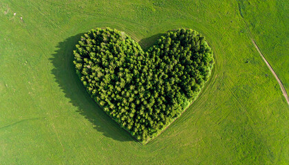 Heart shaped bush and trees in the middle of nowhere on a field of grass