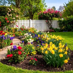 Colorful garden with white picket fence