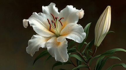 A beautiful white lily flower with a bud and green leaves