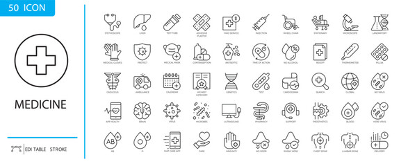 Medicine Icon Collection: A comprehensive set of fifty meticulously crafted icons representing various facets of medicine, offering a visually cohesive and informative resource.