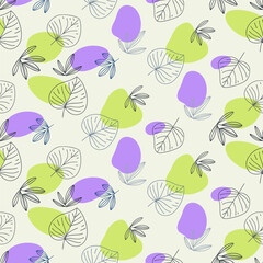 Modern seamless pattern featuring hand drawn linear botanical leaves over soft abstract shapes in green and purple. Ideal for fabric wallpaper wrapping paper and eco friendly design projects. 