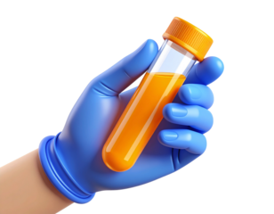 3D Render of Hand Holding Test Tube with Orange Chemical, Floating on White Background PNG