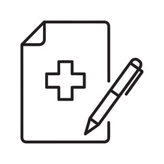 Obraz premium Medical prescription icon with document showing plus sign and a pen representing doctor's order for medication and healthcare treatment line vector stroke