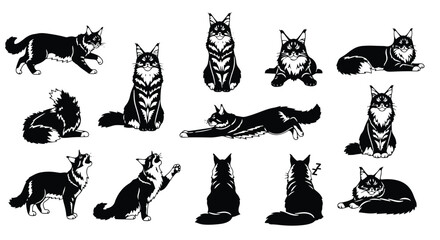 Naklejka premium Vector silhouette illustration an artistic arrangement of black and white cat illustrations, capturing different poses and expressions of felines in a stylized manner