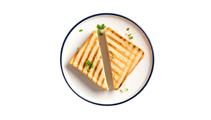 A perfectly grilled sandwich cut in half, garnished with fresh herbs, served on a white plate for a delightful meal.