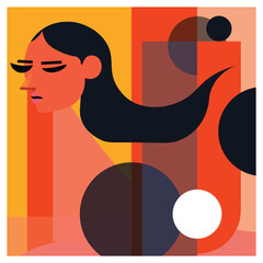 Cartoon girl with a fan, hat, and ball, a silhouette illustration of people in black fashion, a hand-drawn icon design with love and music art