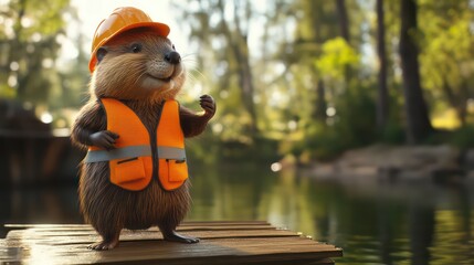 Realistic beaver in orange vest and hard hat stands by dam in sunlit riverside setting.


