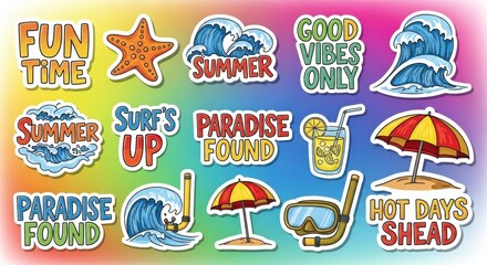 Colorful summer themed sticker set showcasing beach elements with fun and positive vibes stickers