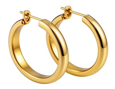 Angled Close-Up of Elegant Gold Hoop Earrings with Thin Design, PNG Cutout