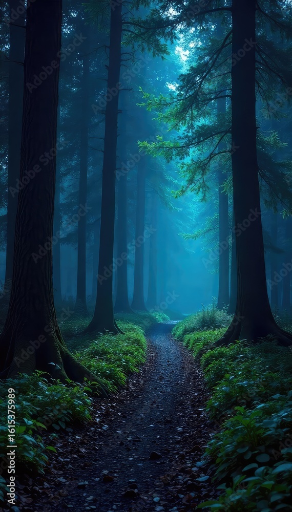 Canvas Prints luminous forest path at night, glowing trees and ambient light illuminating the way through the wood