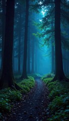 Luminous forest path at night, glowing trees and ambient light illuminating the way through the woods Perfect for fantasy, nature, and mystical themes , mood, nighttime