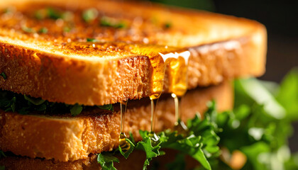 Deliciously toasted bread dripping with honey, garnished with fresh greens. Perfect for breakfast or brunch.