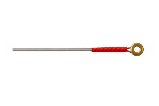 Close-up of a new guitar string featuring red wrapping and a gold ferrule, isolated on a transparent background