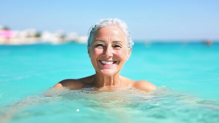 Smiling woman enjoying a refreshing swim in turquoise ocean waters