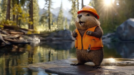 Realistic beaver in orange vest and hard hat stands by dam in sunlit riverside setting.


