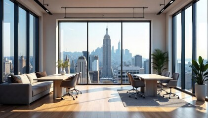 Modern, sleek NYC office space with large windows offering stunning city views Ideal for corporate, startup, or creative agency imagery Bright, minimalist design with natural light , workplace, table