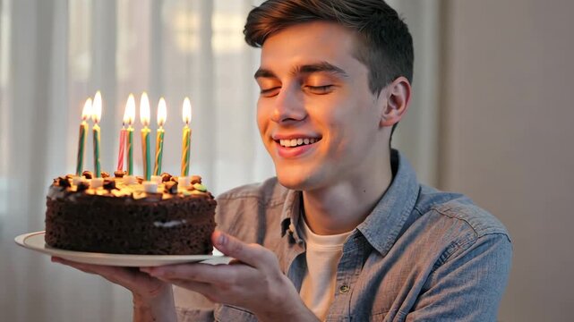 AI Generative Young man blowing out candles on cake, happy birthday celebration