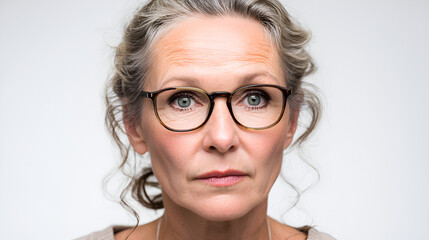 Fototapeta premium Older woman with glasses fair complexion and grey curly hair facing forward on a white background