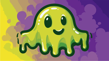 Fototapeta premium A cute cartoon green slime monster with a happy smile. Friendly blob creature illustration on a vibrant abstract background.