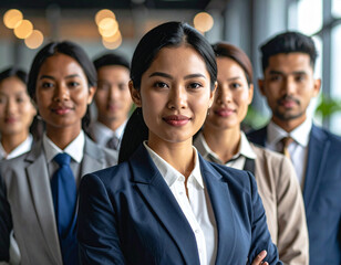 Professional business team standing in line at office entrance. Formal attire, corporate setting, warm lighting, leadership and teamwork concept in modern work environment