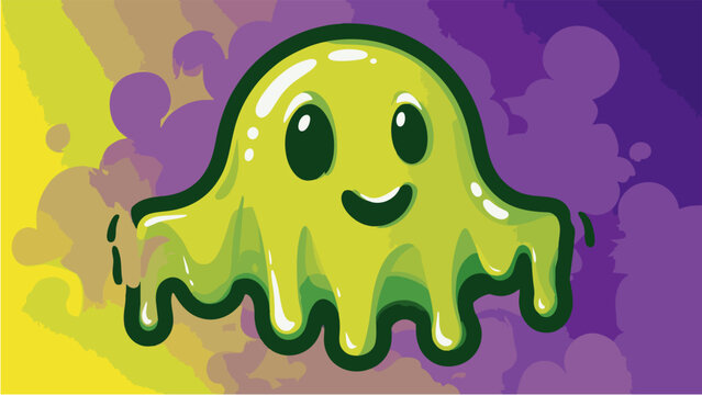 A cute cartoon green slime monster with a happy smile. Friendly blob creature illustration on a vibrant abstract background.