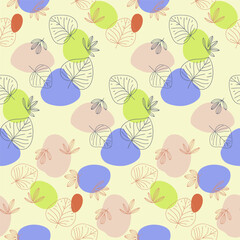 Modern botanical seamless pattern featuring hand drawn linear leaves over abstract colorful blobs. Perfect for textile design wallpaper packaging and natural themed projects. 