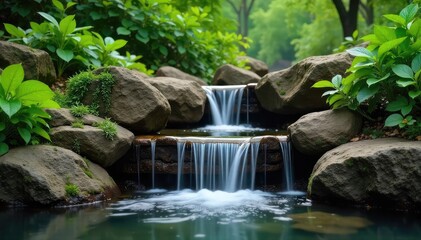 Serene cascading waterfall fountain, water flowing over tiered rocks, creating a tranquil atmosphere in a lush green garden Perfect for relaxation and meditation imagery , tranquil, waterfall, fresh