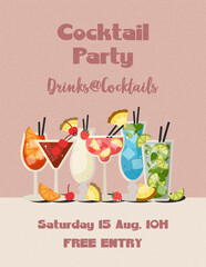 Summer cocktail party poster with vibrant tropical drinks. Vintage  illustration of refreshing beverages with fruits and sparkles. Perfect for party, bar menu design, ads