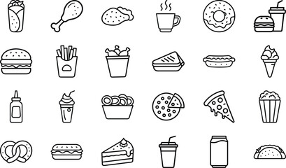 Delicious Fast Food Icon Set – Line Style Vector Illustrations of Burgers, Pizza, Fries, Beverages, and Snacks for Restaurants, Food Blogs, and Mobile App UI Design