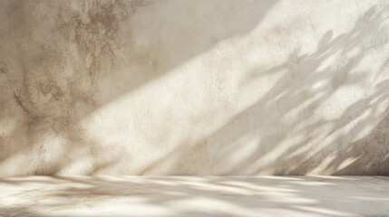 Sunlit beige wall and floor, leaf shadows.