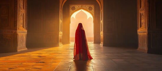 Woman in Red Dress at Ornate Building Entrance