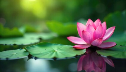 Obraz premium Serene pink lotus flowers blossom on a tranquil pond, surrounded by lush green lily pads Perfect for spa, meditation, and serenity themes , meditation, bloom, nature