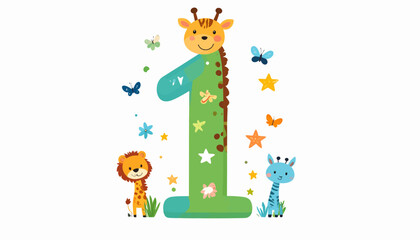 Adorable Giraffe First Birthday Number One Illustration