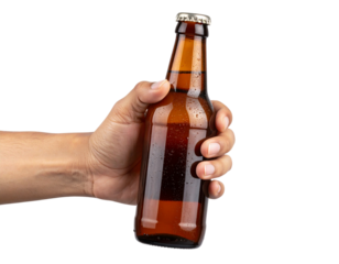 Close-Up of Hand Holding Cold Brown Glass Bottle with Condensation, Isolated PNG