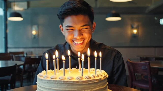AI Generative Young man blowing out candles on cake, happy birthday celebration